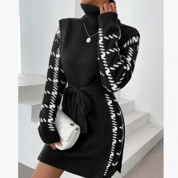 Cozy Houndstooth Pattern Turtle Neck Belted Sweater Dress - Picture 6 of 7
